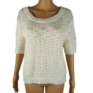 Sanctuary Acrylic Wool Short Sleeve Knit Crop Sweater Cream Wide Neck Washable M